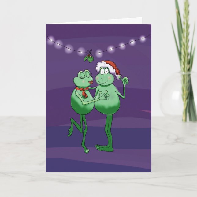 Funny Humor Frog Couple Kiss Mistletoe Card Helgkort (Framsida)