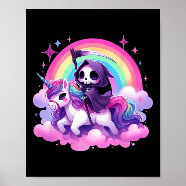 Funny Humor Rainbow Gothic Grim Reaper Riding Unic Poster (Framsidan)