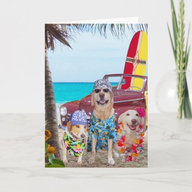 Funny Hund Hawaiian/Surfer Birthday Kort (Framsida)