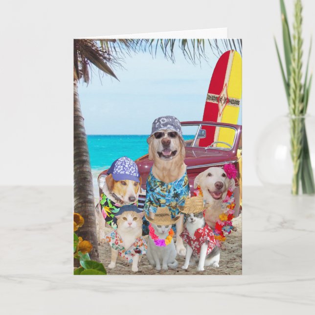 Funny Hund/Katter Hawaii/Surfer Birthday Kort (Framsida)