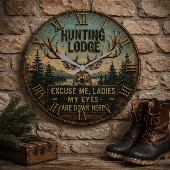 Funny Hunting Lodge Rustic Deer Hunter Decor Stor Klocka (Skapare uppladdad)