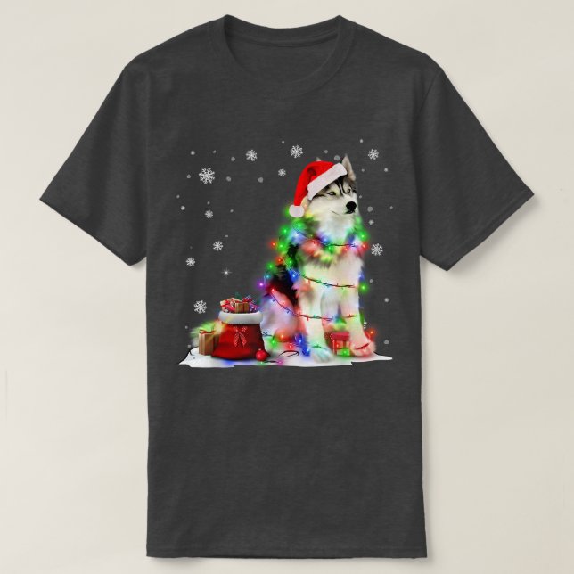 Funny Husky Hund Träd jul Ljus Julafton Pajama T Shirt (Design framsida)