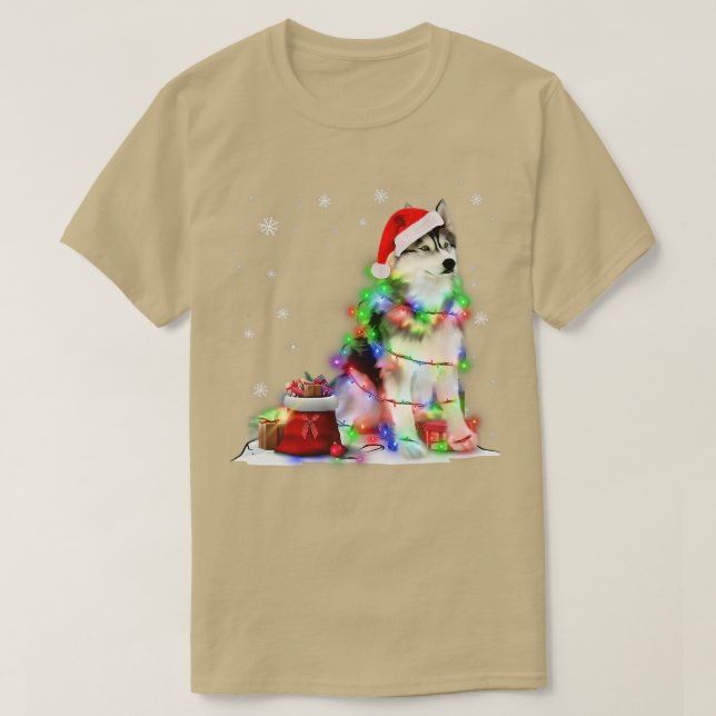 Funny Husky Hund Träd jul Ljus Julafton Pajama T Shirt (Design framsida)