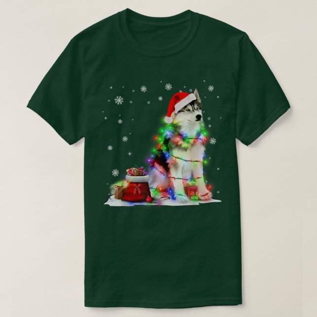 Funny Husky Hund Träd jul Ljus Julafton Pajama T Shirt (Design framsida)
