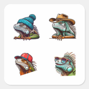 Funny Iguana Tecknad Art 4 Pack Stickers Fyrkantigt Klistermärke