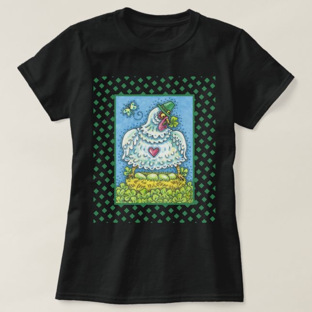 FUNNY IRISH HEN, ÄGG OCH SHAMROCKS CUTE CHICKEN T SHIRT (Design framsida)