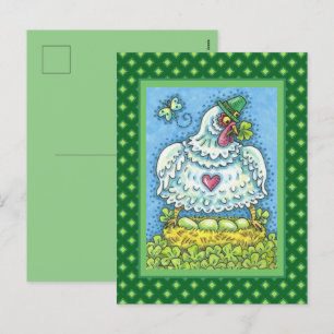 FUNNY IRISH HEN, GRÖNT EGGS AND SHAMROCKS CUTE HELG VYKORT