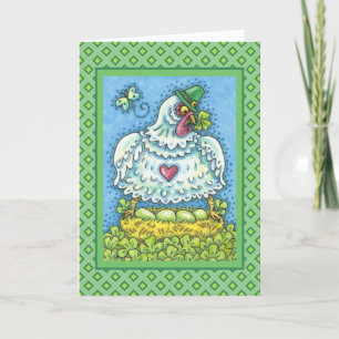 FUNNY IRISH HEN, GRÖNT EGGS AND SHAMROCKS CUTE HELGKORT