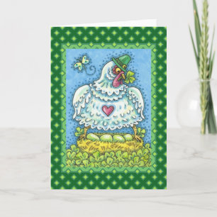 FUNNY IRISH HEN, GRÖNT EGGS AND SHAMROCKS CUTE HELGKORT
