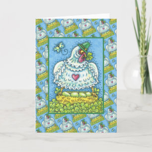 FUNNY IRISH HEN, GRÖNT EGGS AND SHAMROCKS CUTE HELGKORT