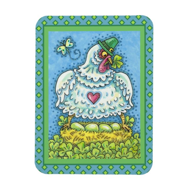 FUNNY IRISH HEN, GRÖNT EGGS AND SHAMROCKS CUTE MAGNET (Vertikal)