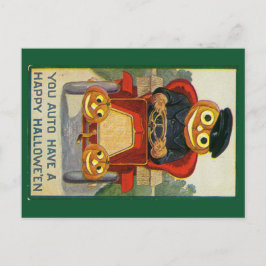 Funny jack-o-lantern in a car Halloween postcard Helg Vykort