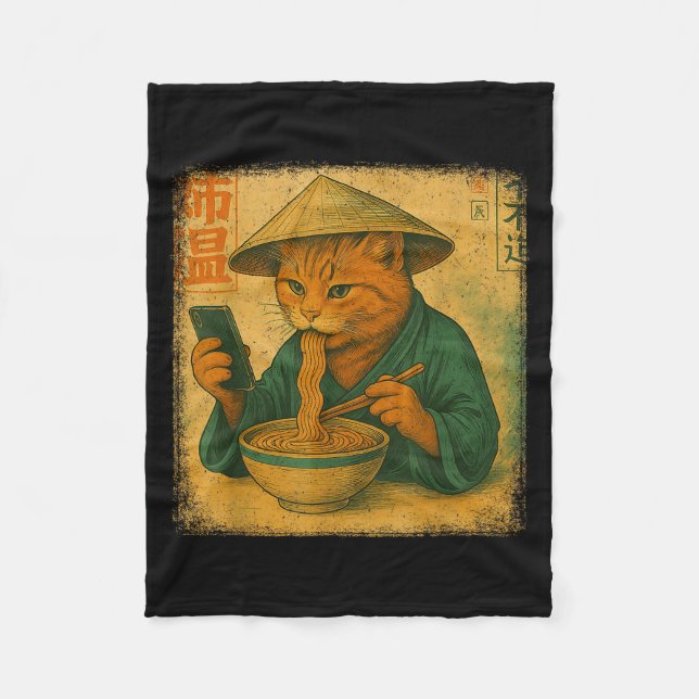 Funny Japanese Cat Eat Ramen And Scroll Phone Anim Fleecefilt (Framsidan)