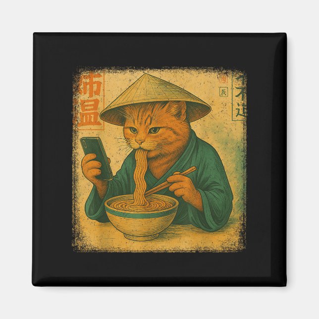 Funny Japanese Cat Eat Ramen And Scroll Phone Anim Magnet (Framsidan)