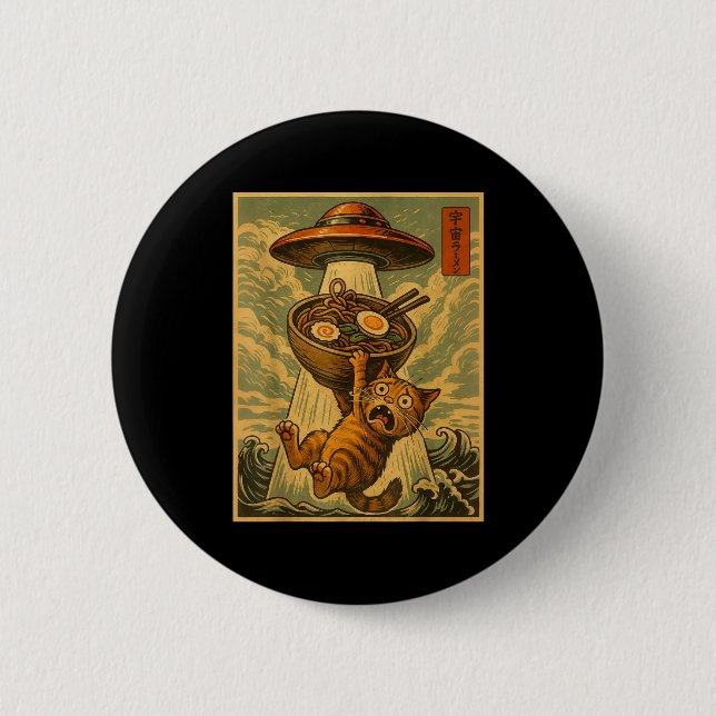 Funny Japanese Cat Ramen Ufo Anime Men Women Teens Knapp (Framsida)