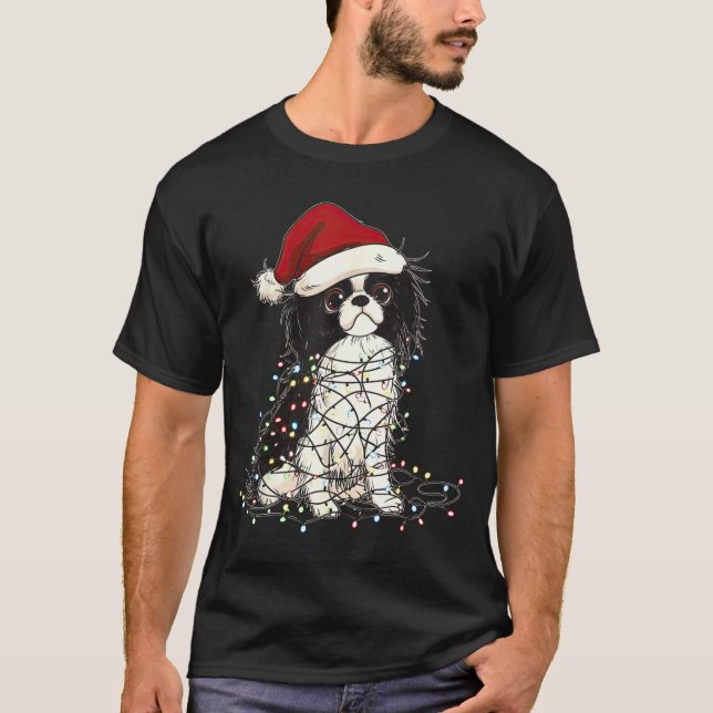 Funny Japanese Chin Christmas Graphics Dog Lights  T Shirt (Framsida)