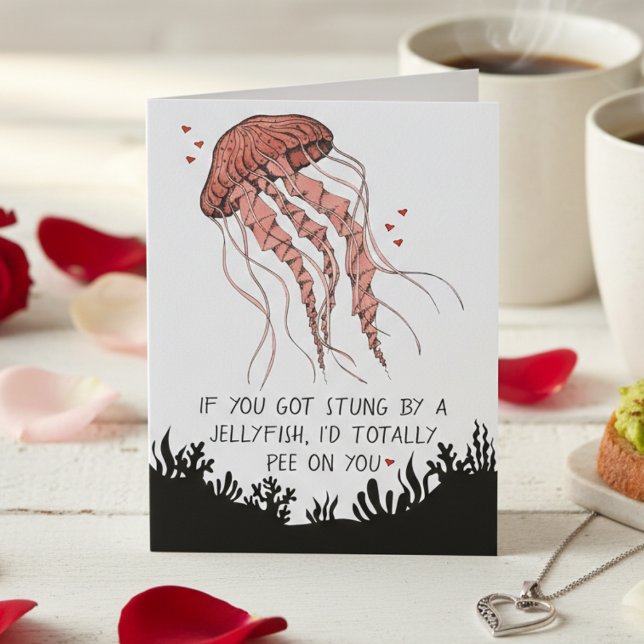 Funny Jellyfish Love Romance Kort (Humor Anniversary Card or Funny Romance Card with Jellyfish Illustration and I Love You for Couple)