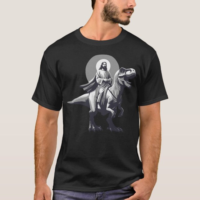 Funny Jesus Riding T-Rex Dinosaur Meme Parody for  T Shirt (Framsida)