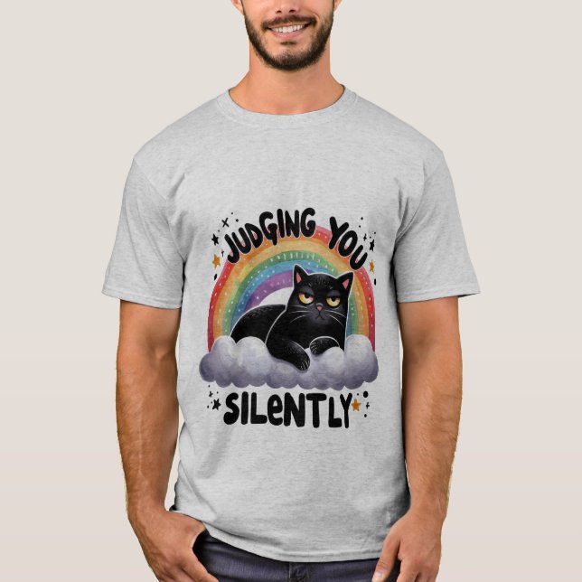 Funny "Judging You Silently" Grumpy Black Cat ✨🌈 T Shirt (Framsida)