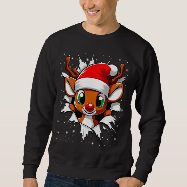 Funny jul Reindeer Rudolph Lång Ärmad Tröja (Framsida)