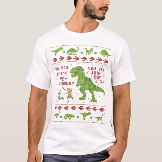 Funny jul T Rex Dinosaur Pun Humor Faux Sticka Shirt (Framsida)