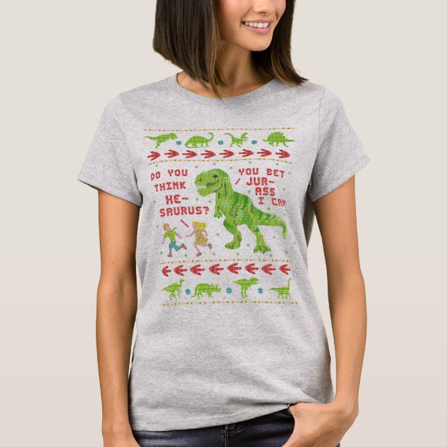 Funny jul T Rex Dinosaur Pun Humor Faux Sticka T Shirt (Framsida)
