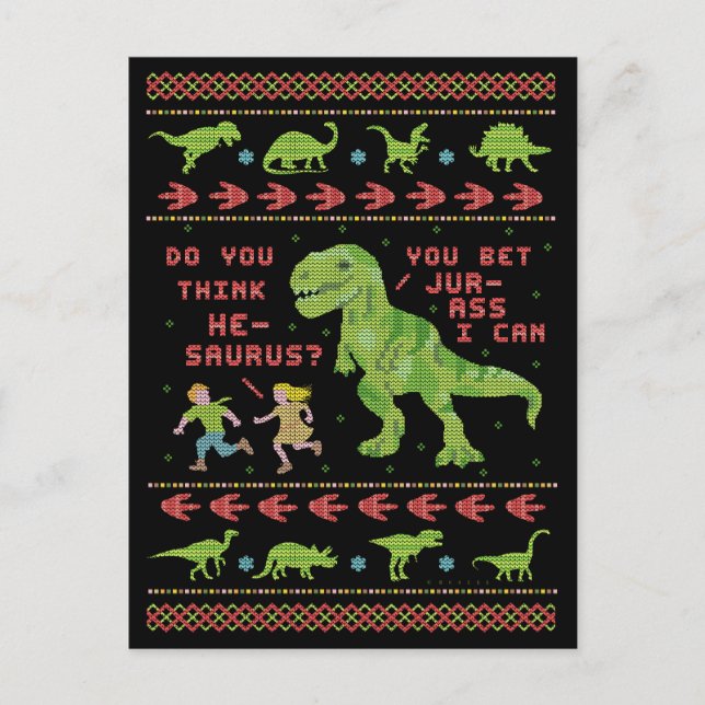Funny jul T Rex Dinosaur Pun Humor Faux Sticka Vykort (Framsida)
