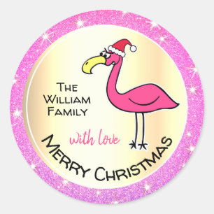 Funny Julafton Flamingo Rosa Glitter Personalizabl Runt Klistermärke