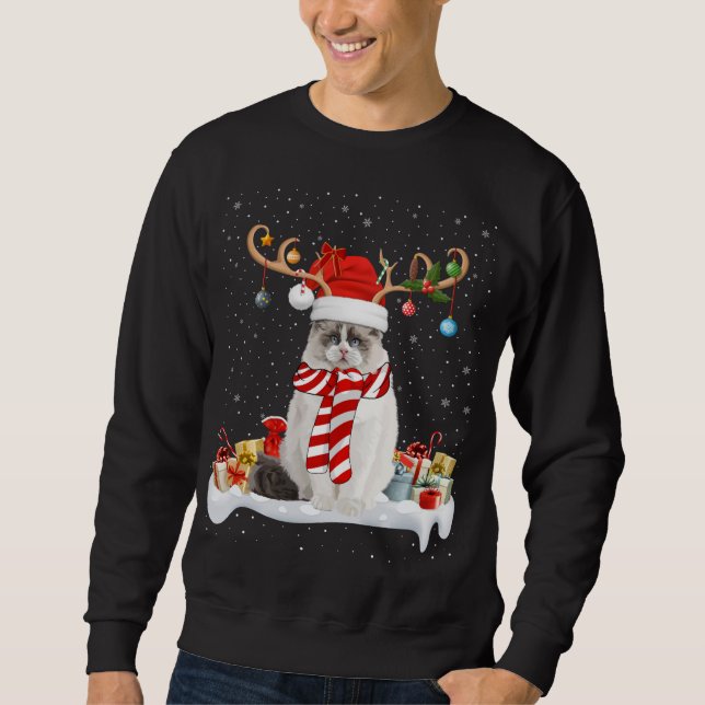 Funny Julafton Lighting Reindeer Santa Hat Ragdoll Lång Ärmad Tröja (Framsida)