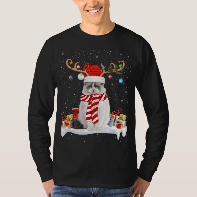 Funny Julafton Lighting Reindeer Santa Hat Ragdoll T Shirt (Framsida)