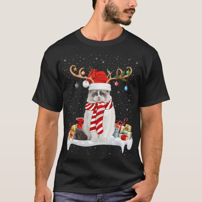 Funny Julafton Lighting Reindeer Santa Hat Ragdoll T Shirt (Framsida)