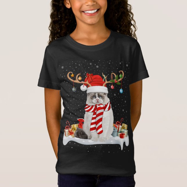 Funny Julafton Lighting Reindeer Santa Hat Ragdoll T Shirt (Framsida)