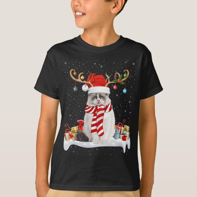 Funny Julafton Lighting Reindeer Santa Hat Ragdoll T Shirt (Framsida)