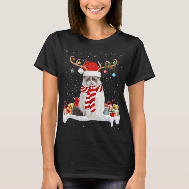 Funny Julafton Lighting Reindeer Santa Hat Ragdoll T Shirt (Framsida)