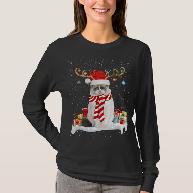 Funny Julafton Lighting Reindeer Santa Hat Ragdoll T Shirt (Framsida)