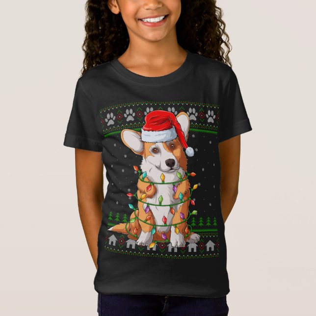 Funny Julafton Lighting Santa Hat Ugly Welsh Corgi T Shirt (Framsida)