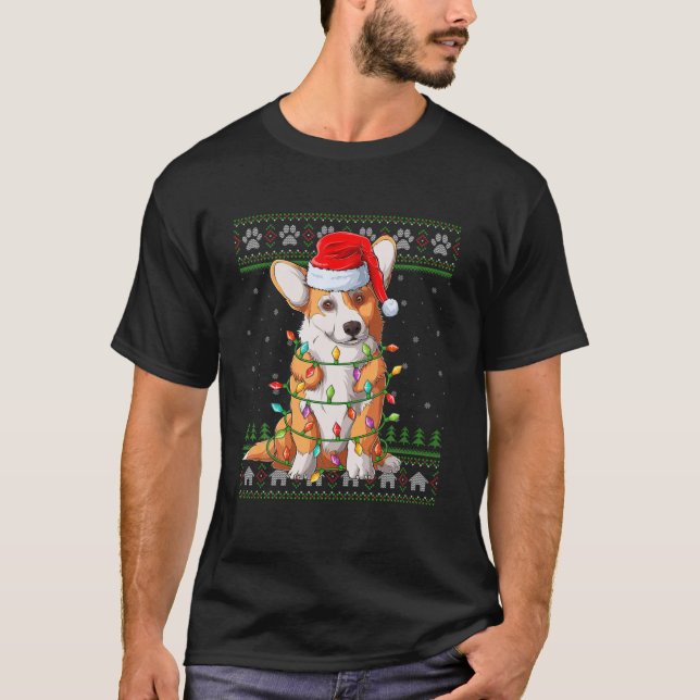 Funny Julafton Lighting Santa Hat Ugly Welsh Corgi T Shirt (Framsida)
