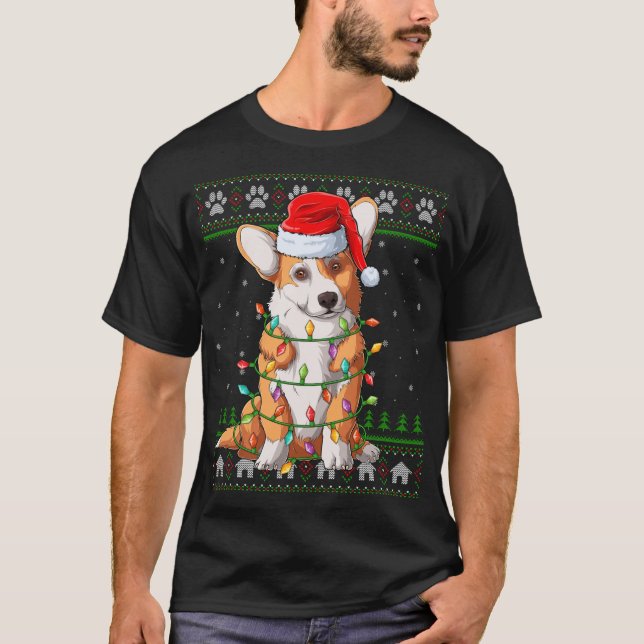Funny Julafton Lighting Santa Hat Ugly Welsh Corgi T Shirt (Framsida)