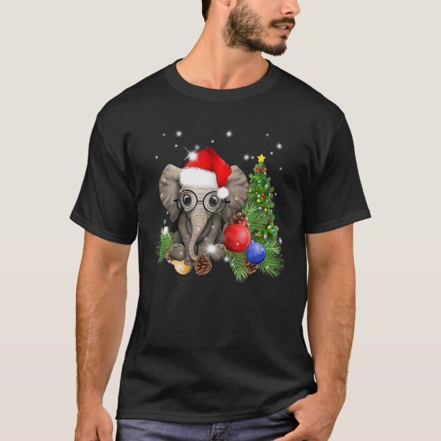 Funny Julafton Lighting Träd Santa Hat Cute Elepha T Shirt (Framsida)