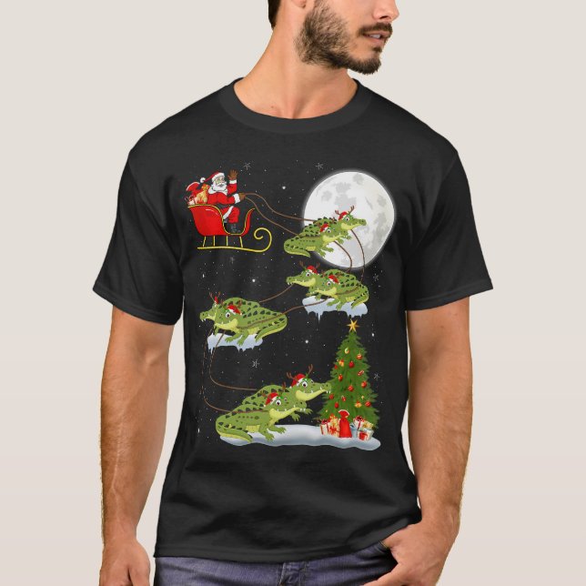 Funny Julafton Lighting Träd Santa Riding Alligato T Shirt (Framsida)