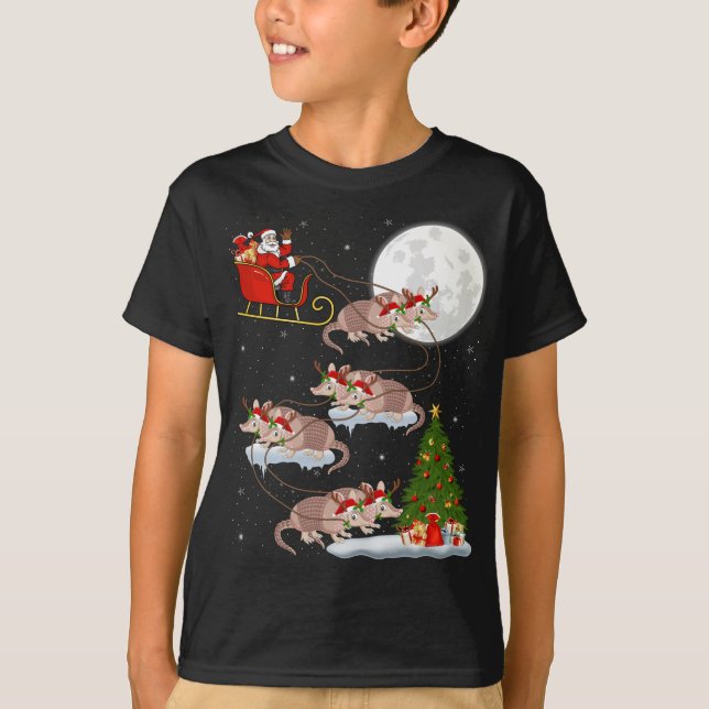 Funny Julafton Lighting Träd Santa Riding Armadill T Shirt (Framsida)
