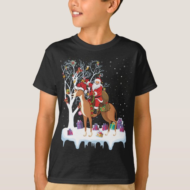 Funny Julafton Lighting Träd Santa Riding Greyhoun T Shirt (Framsida)