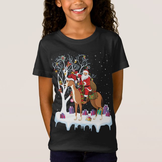 Funny Julafton Lighting Träd Santa Riding Greyhoun T Shirt (Framsida)