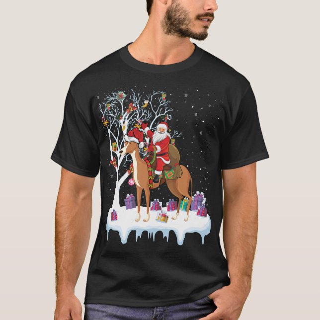 Funny Julafton Lighting Träd Santa Riding Greyhoun T Shirt (Framsida)