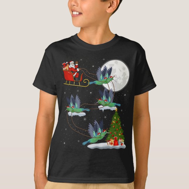 Funny Julafton Lighting Träd Santa Riding Hummingb T Shirt (Framsida)
