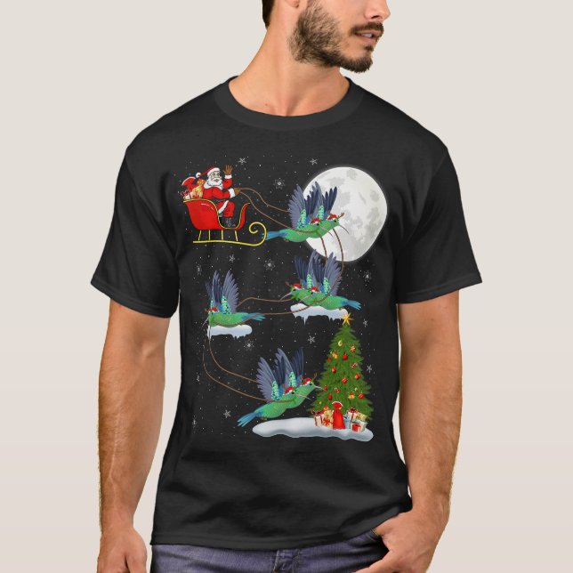 Funny Julafton Lighting Träd Santa Riding Hummingb T Shirt (Framsida)