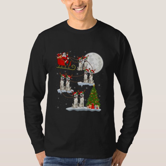 Funny Julafton Lighting Träd Santa Riding Husky Hu T Shirt (Framsida)