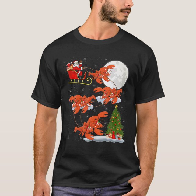 Funny Julafton Lighting Träd Santa Riding Lobster  T Shirt (Framsida)