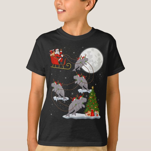 Funny Julafton Lighting Träd Santa Riding Manatee  T Shirt (Framsida)