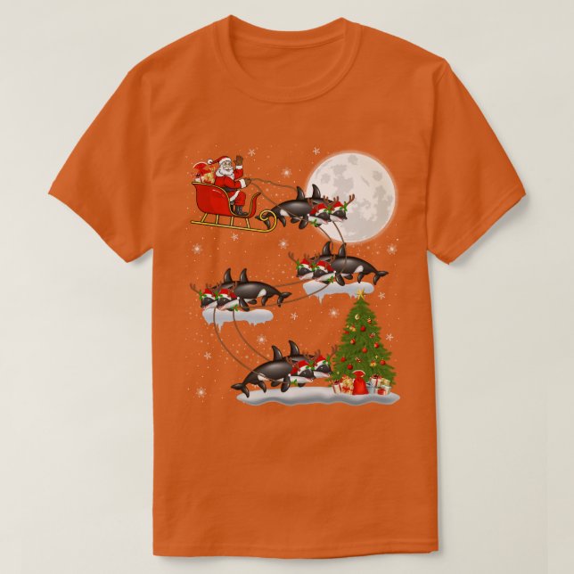 Funny Julafton Lighting Träd Santa Riding Orca Fis T Shirt (Design framsida)